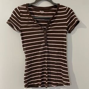 Hollister Brown and Light Pink Striped Short Sleeve Henley Tee